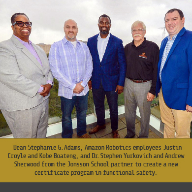 Dean Stephanie G. Adams, Amazon Robotics employees Justin Croyle and Kobe Boateng, and Dr. Stephan Yurkovich and Andrew Sherwood from the Jonsson School partner to create a new certificate program in functional safety.
