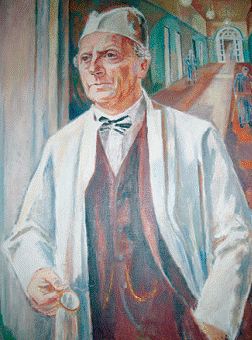 Illustration of Georg Herman Monrad-Krohn in white coat in hospital wing.