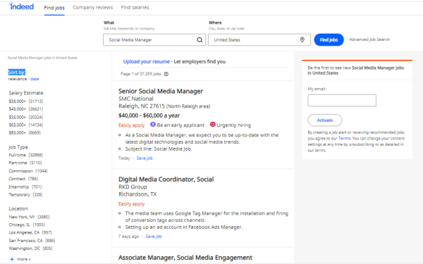 social media management job search from indeed.com